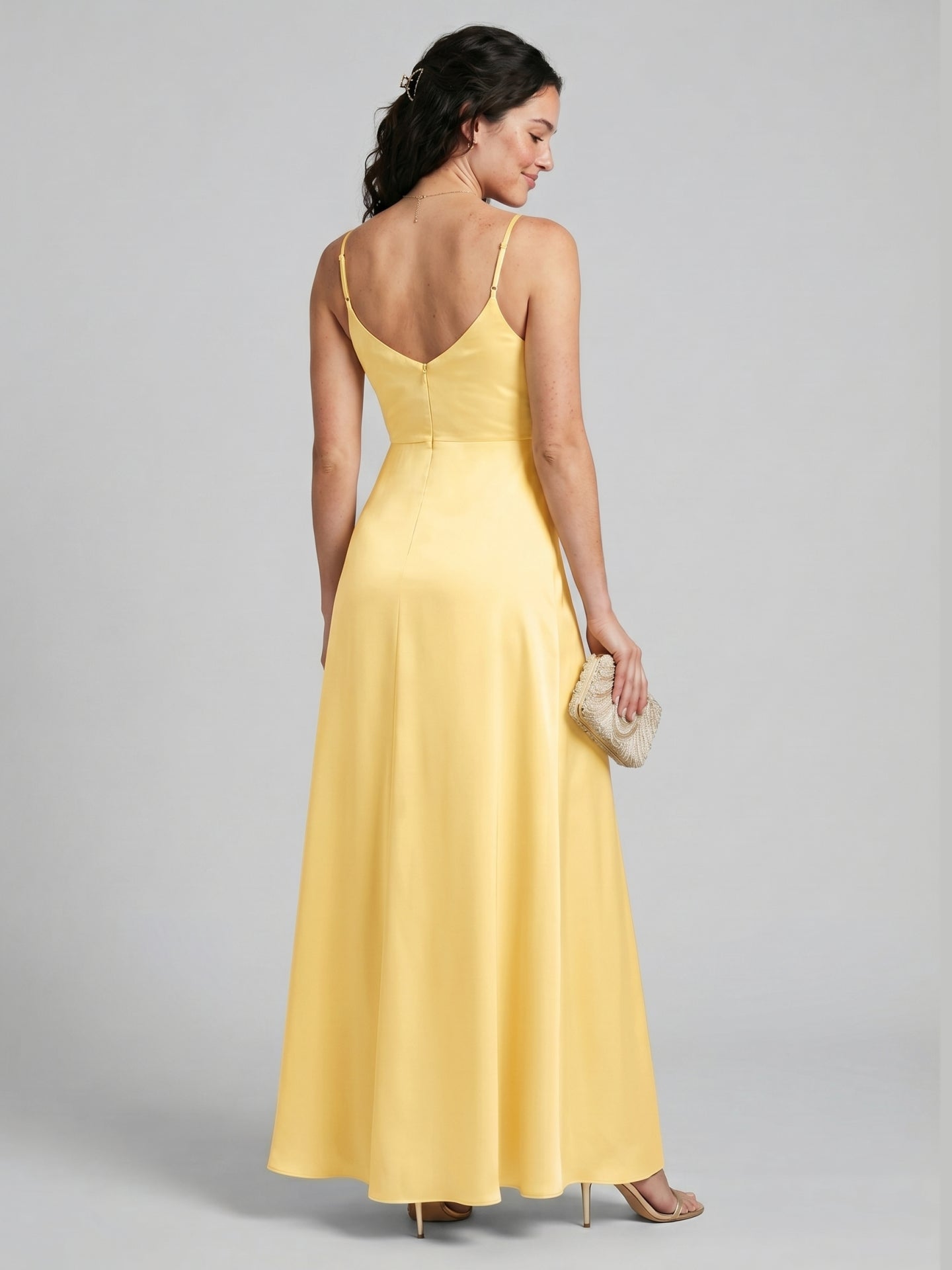 Chic Daffodil Satin A-Line V-Neck Back Zip Ankle-Length Bridesmaid Dress