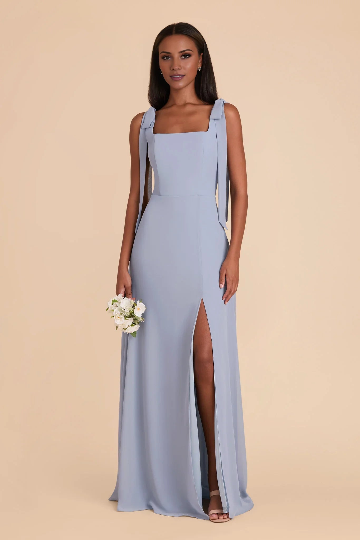 Chic Dusty Blue Chiffon Square Neck Bow-Strap Maxi Bridesmaid Dress with High Side Slit & Open Back