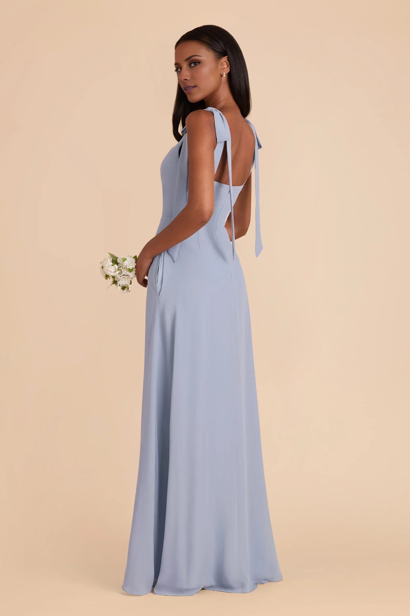Chic Dusty Blue Chiffon Square Neck Bow-Strap Maxi Bridesmaid Dress with High Side Slit & Open Back
