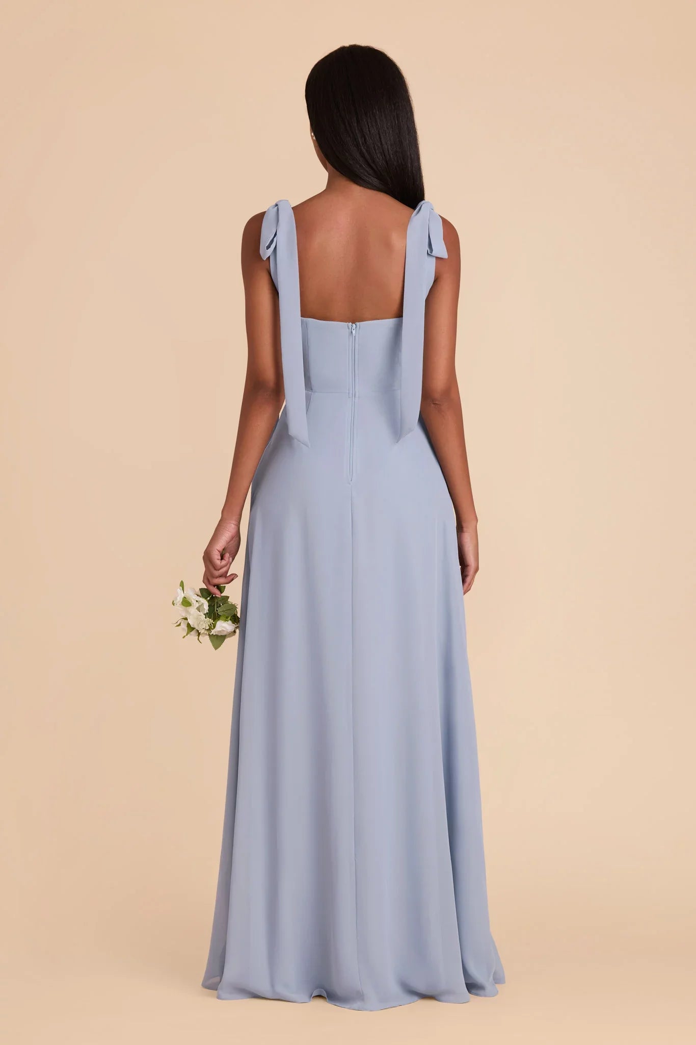 Chic Dusty Blue Chiffon Square Neck Bow-Strap Maxi Bridesmaid Dress with High Side Slit & Open Back