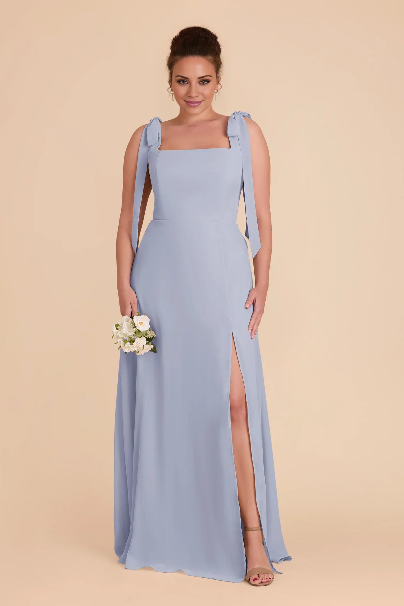 Chic Dusty Blue Chiffon Square Neck Bow-Strap Maxi Bridesmaid Dress with High Side Slit & Open Back