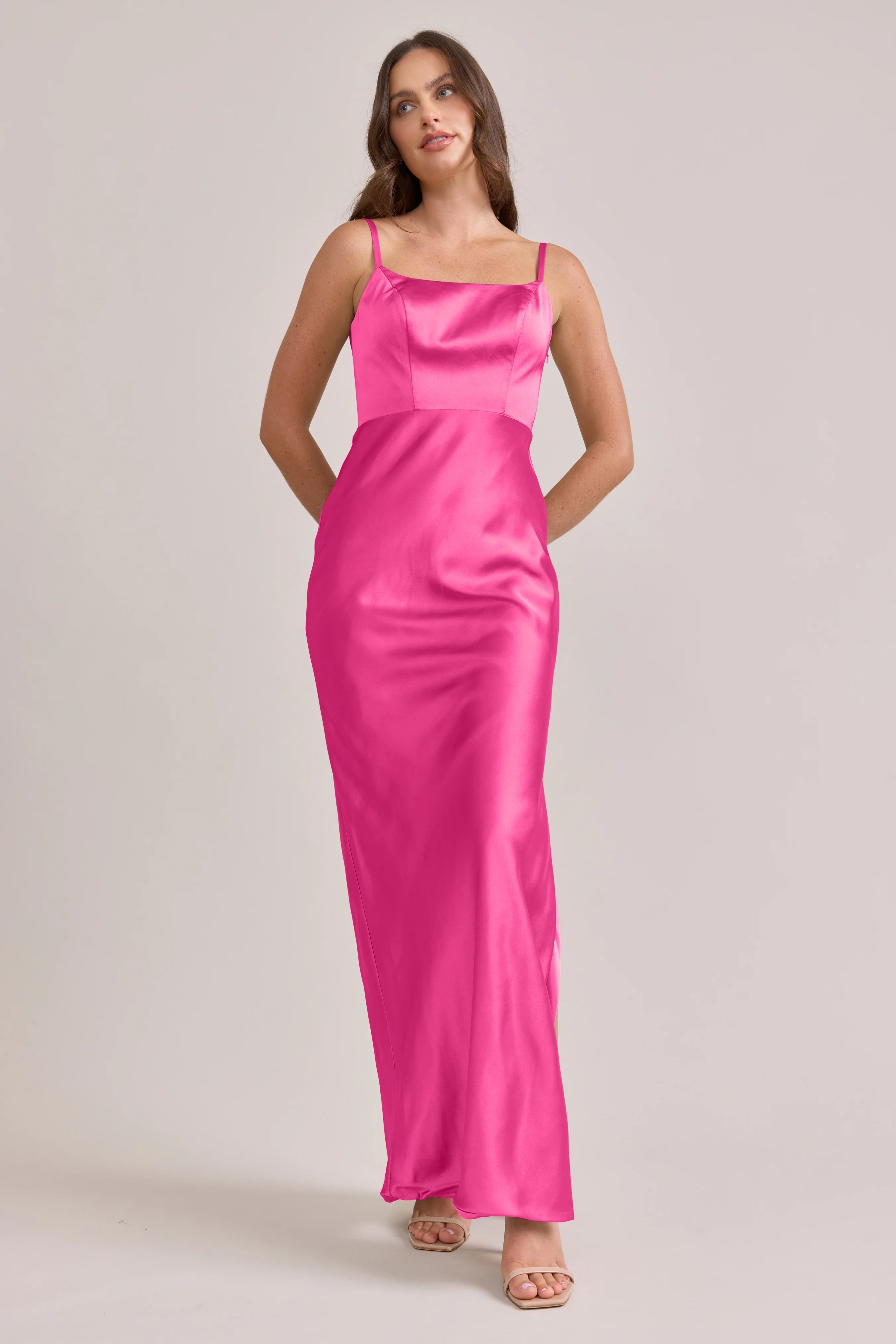 Chic Square Neck Hot Pink Satin Bridesmaid Dress with Open Back, High Thigh Slit & Floor-Length Hem