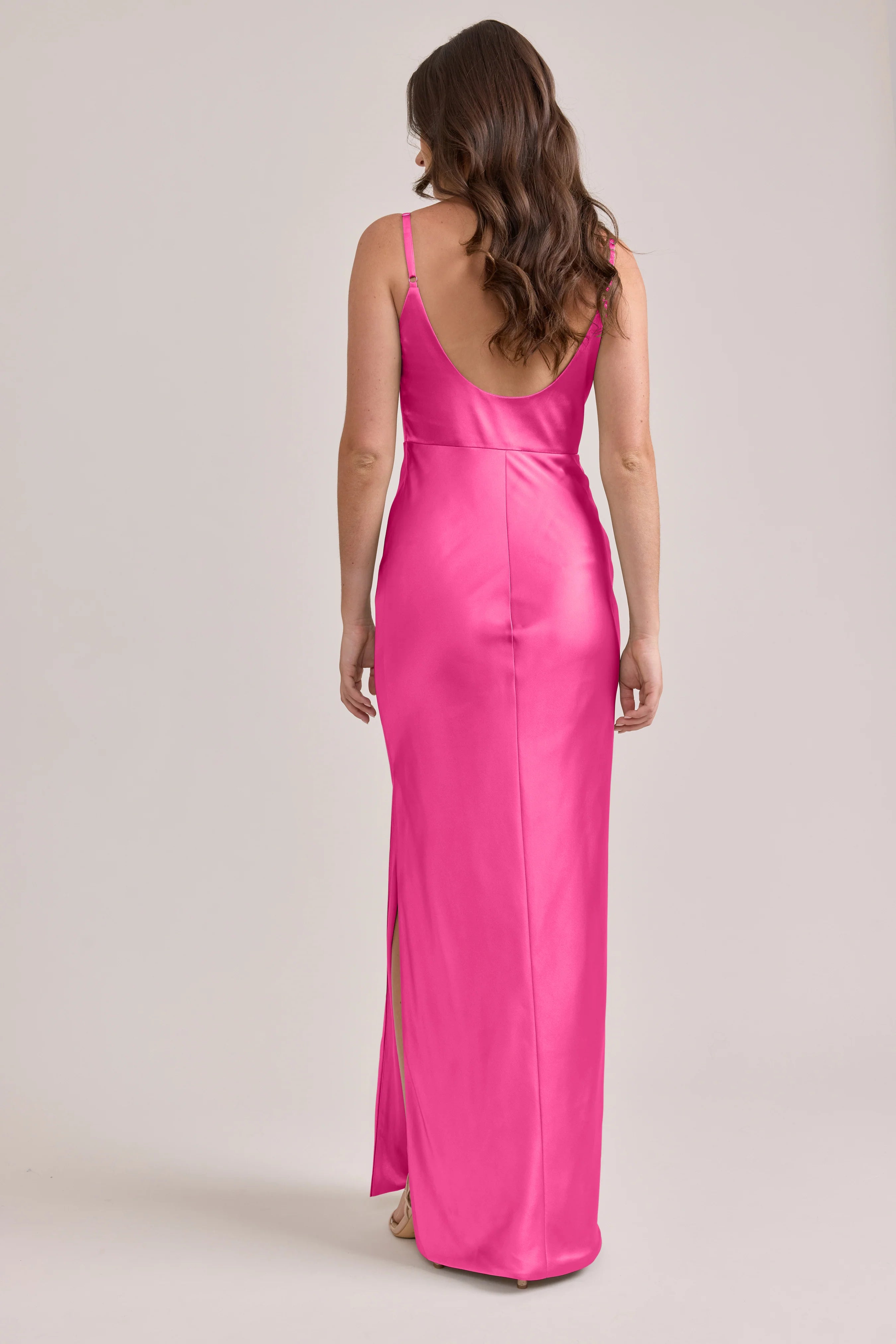 Chic Square Neck Hot Pink Satin Bridesmaid Dress with Open Back, High Thigh Slit & Floor-Length Hem