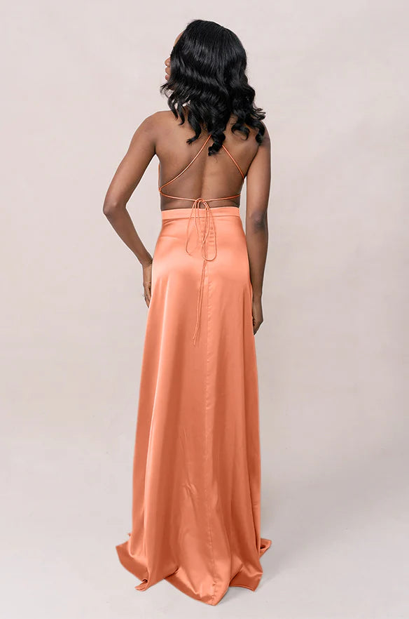 Chic Halter Neck Cutout Waist Tie-Back High Slit Column Floor-Length Bridesmaid Dress