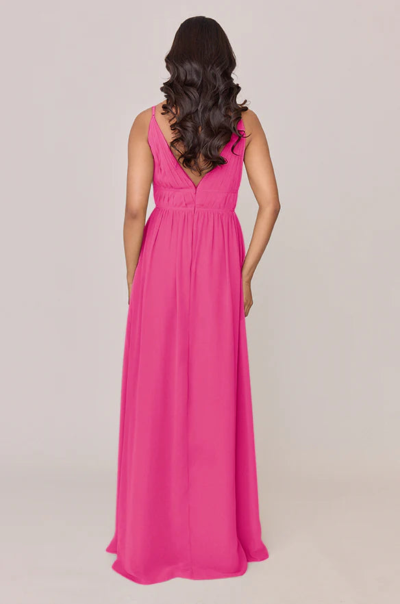 Chiffon Bridesmaid Dresses with Deep V-Neck, Spaghetti Straps, Empire Waist and Flowing Skirt Formal Gown