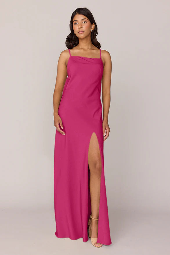 Chiffon Bridesmaid Dresses with Square Neck, Spaghetti Straps, Back Bow Detail and High Slit Formal Gown