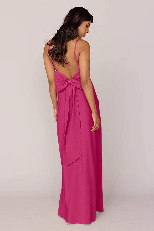 Chiffon Bridesmaid Dresses with Square Neck, Spaghetti Straps, Back Bow Detail and High Slit Formal Gown