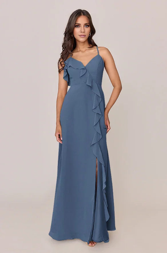 Chiffon Spaghetti-Strap V-Neck Ruffle Trim High-Slit A-Line Floor-Length Bridesmaid Dresses