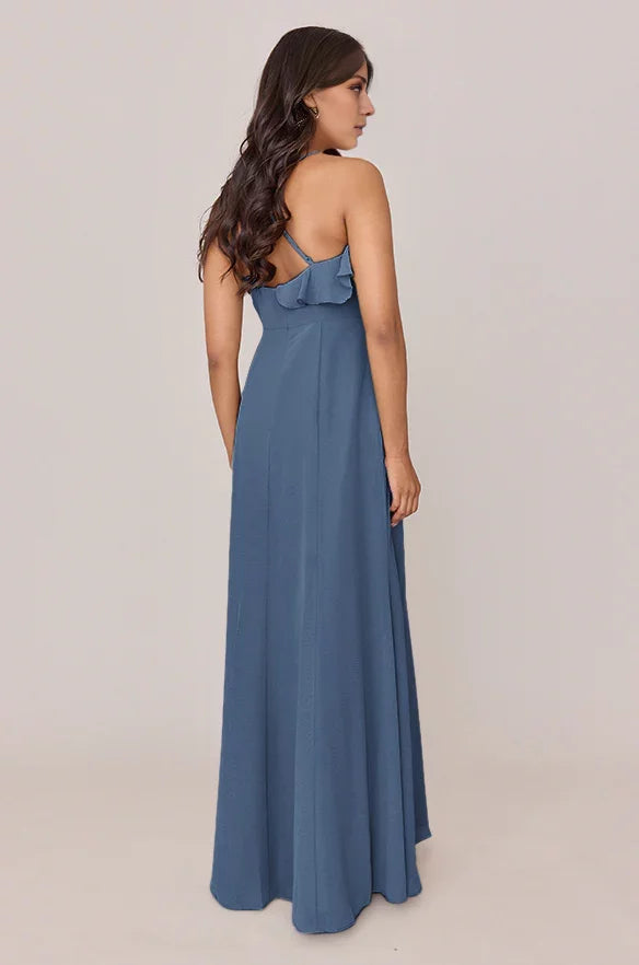 Chiffon Spaghetti-Strap V-Neck Ruffle Trim High-Slit A-Line Floor-Length Bridesmaid Dresses
