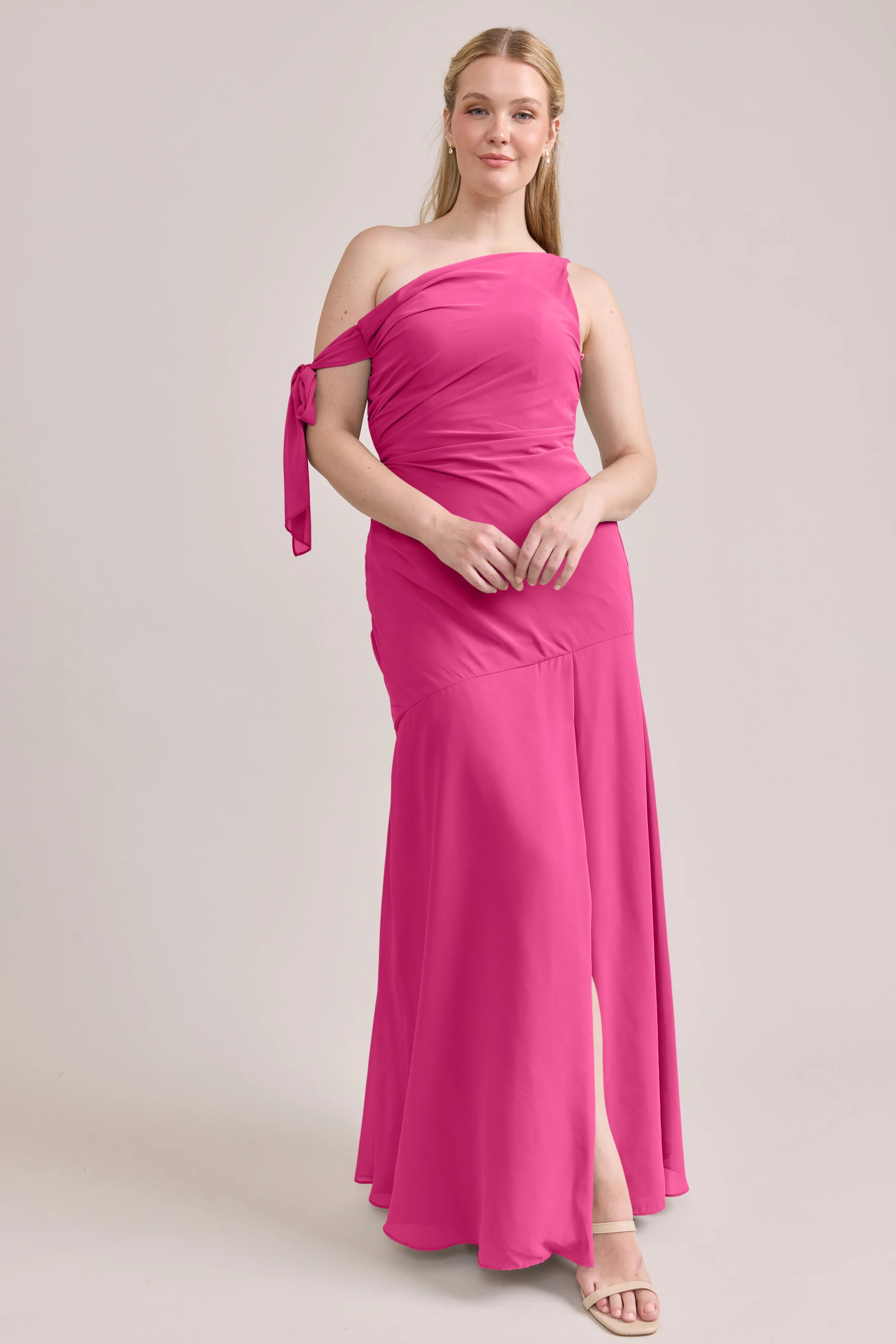 Chiffon One-Shoulder Bridesmaid Dresses with Ruched Bodice, Tie Detail and High Slit Formal Gown