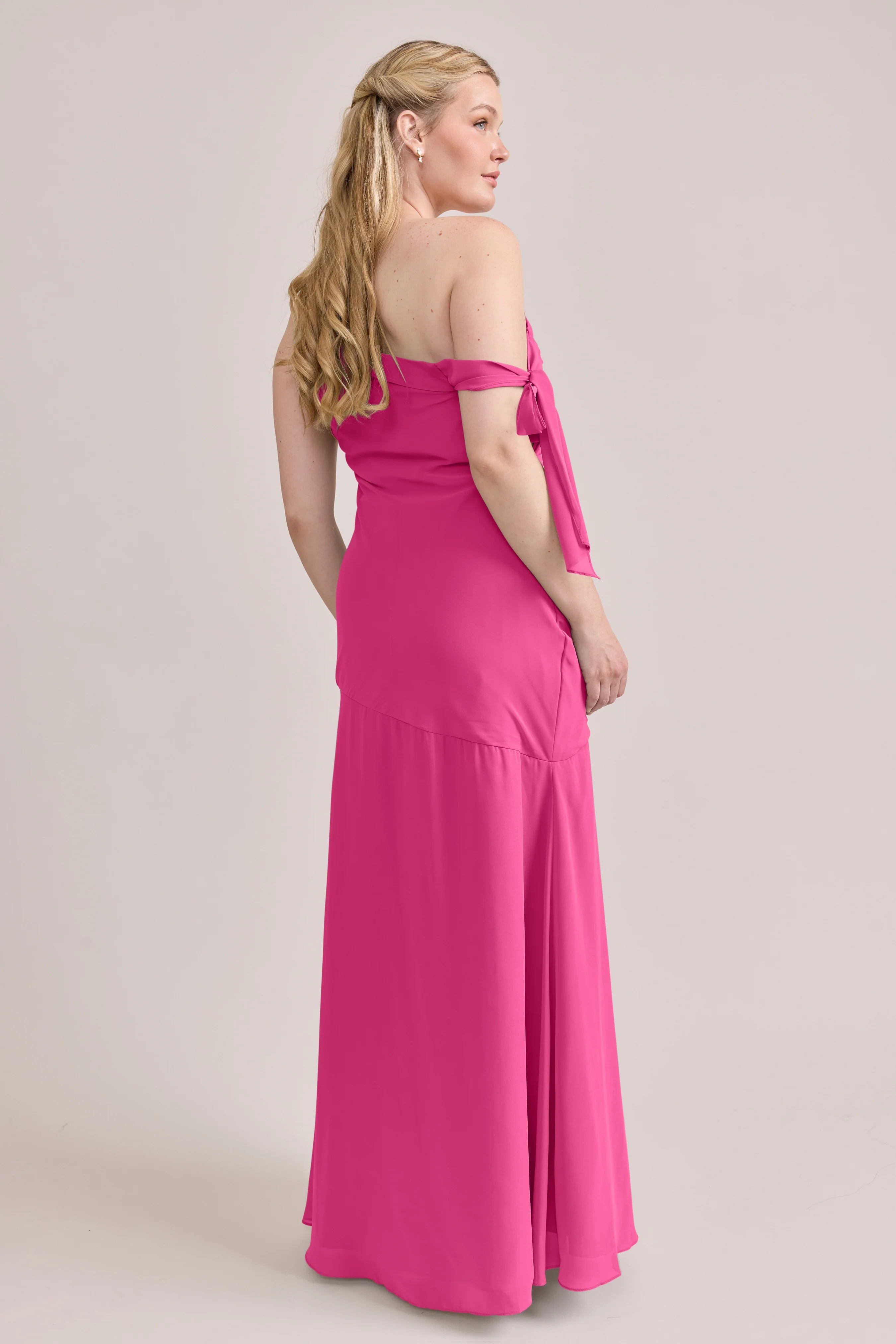 Chiffon One-Shoulder Bridesmaid Dresses with Ruched Bodice, Tie Detail and High Slit Formal Gown