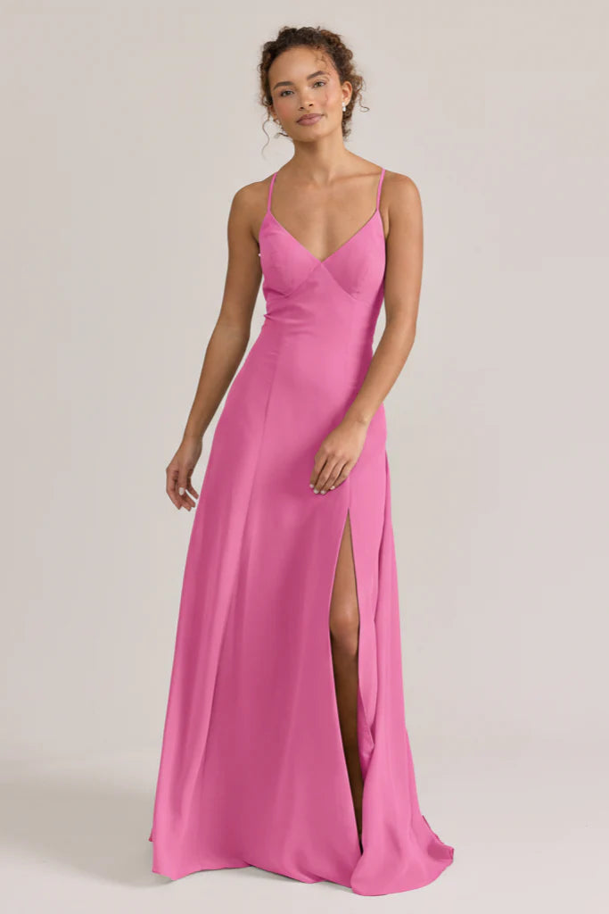Chiffon Spaghetti Strap Bridesmaid Dresses with Crisscross Back, V-Neck and High Slit Formal Gown