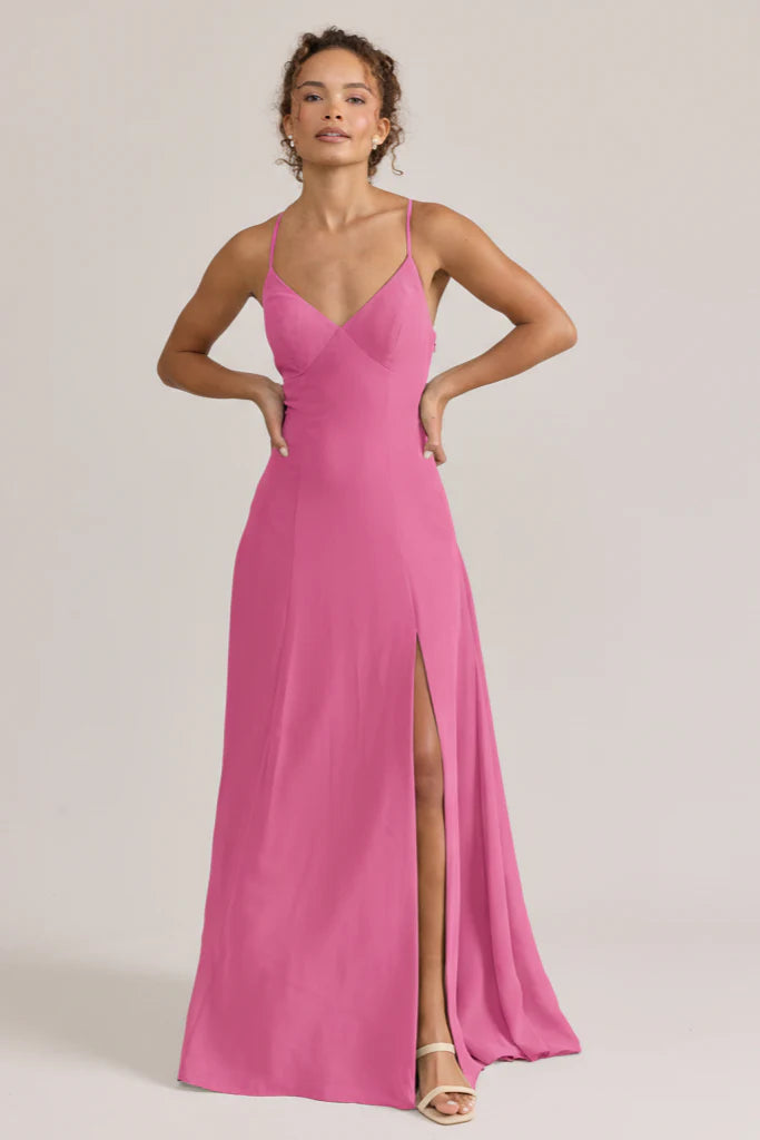 Chiffon Spaghetti Strap Bridesmaid Dresses with Crisscross Back, V-Neck and High Slit Formal Gown