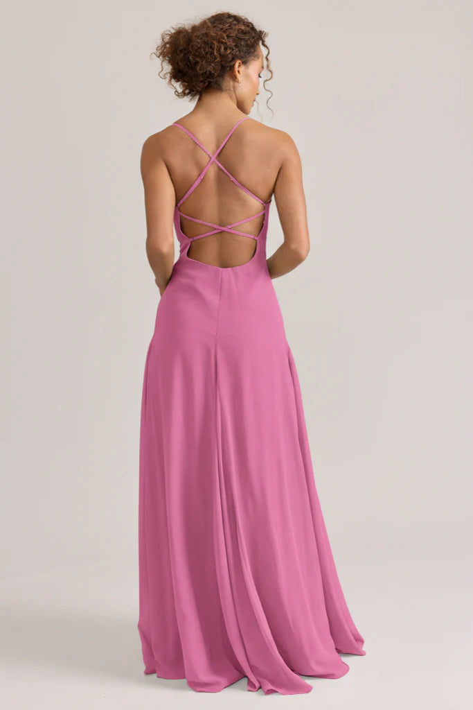 Chiffon Spaghetti Strap Bridesmaid Dresses with Crisscross Back, V-Neck and High Slit Formal Gown