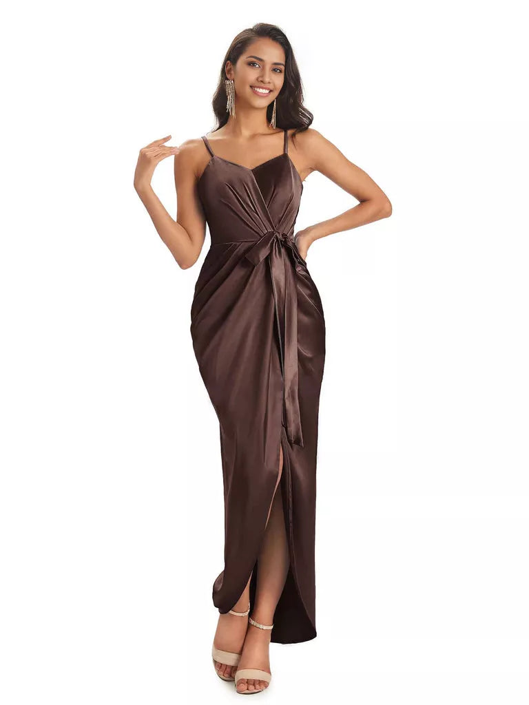 High Low Spaghetti Straps V-neck Mermaid Asymmetrical Soft Satin Bridesmaid Dresses