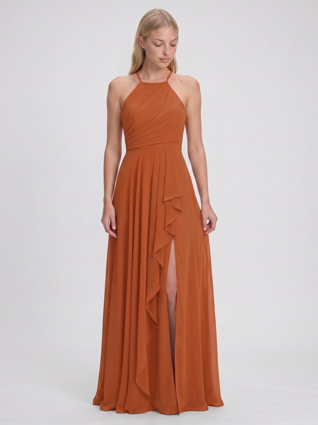 Cinnamon Chiffon A-Line Halter Criss-Cross Straps Asymmetrical Bridesmaid Dress with Ruffles