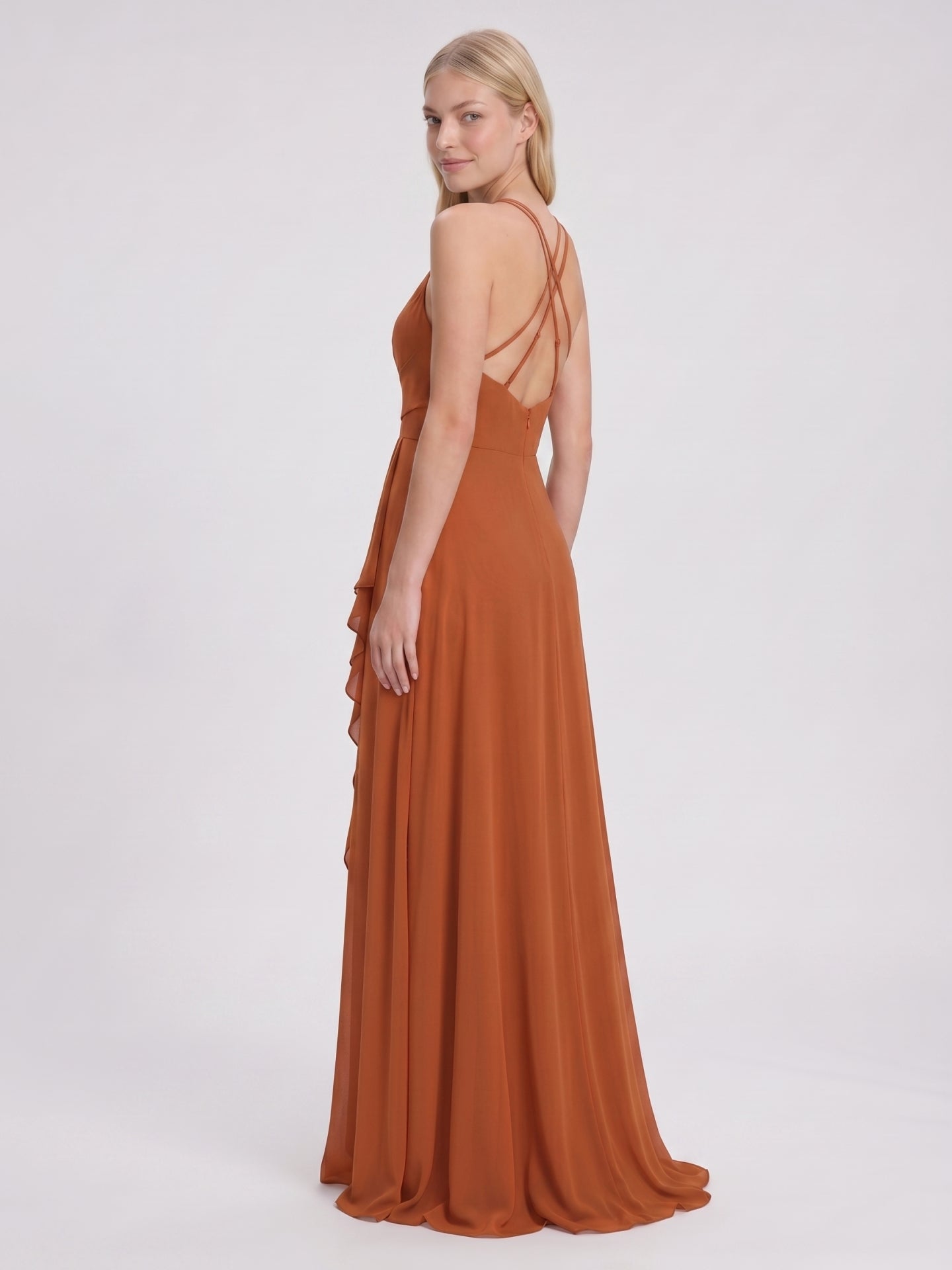 Cinnamon Chiffon A-Line Halter Criss-Cross Straps Asymmetrical Bridesmaid Dress with Ruffles
