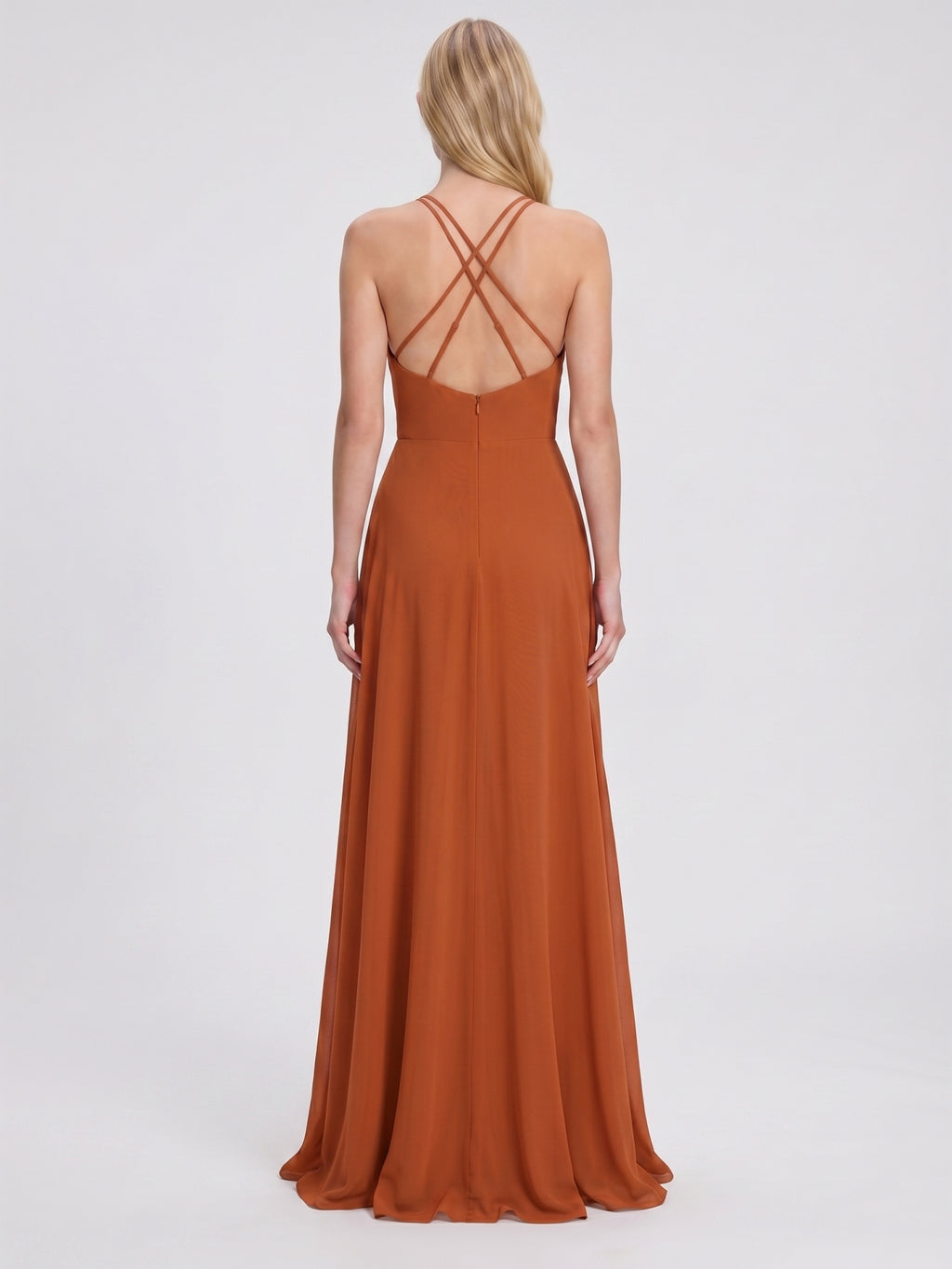 Cinnamon Chiffon A-Line Halter Criss-Cross Straps Asymmetrical Bridesmaid Dress with Ruffles