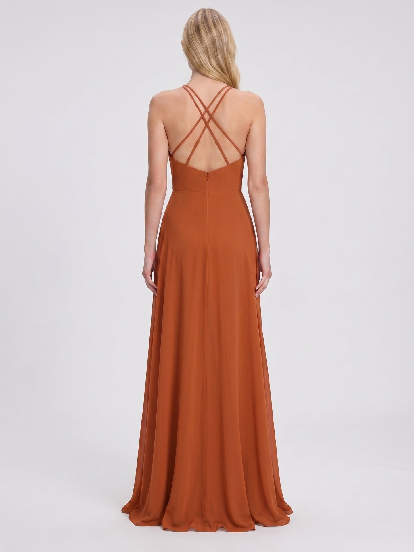 Cinnamon Chiffon A-Line Halter Criss-Cross Straps Asymmetrical Bridesmaid Dress with Ruffles