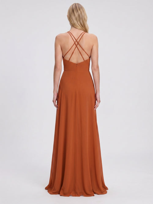 Cinnamon Chiffon A-Line Halter Criss-Cross Straps Asymmetrical Bridesmaid Dress with Ruffles