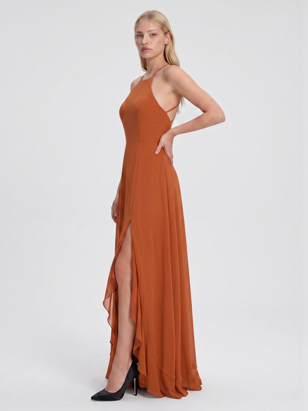 Cinnamon Chiffon A-Line Halter Criss-Cross Straps Asymmetrical Bridesmaid Dress with Ruffles