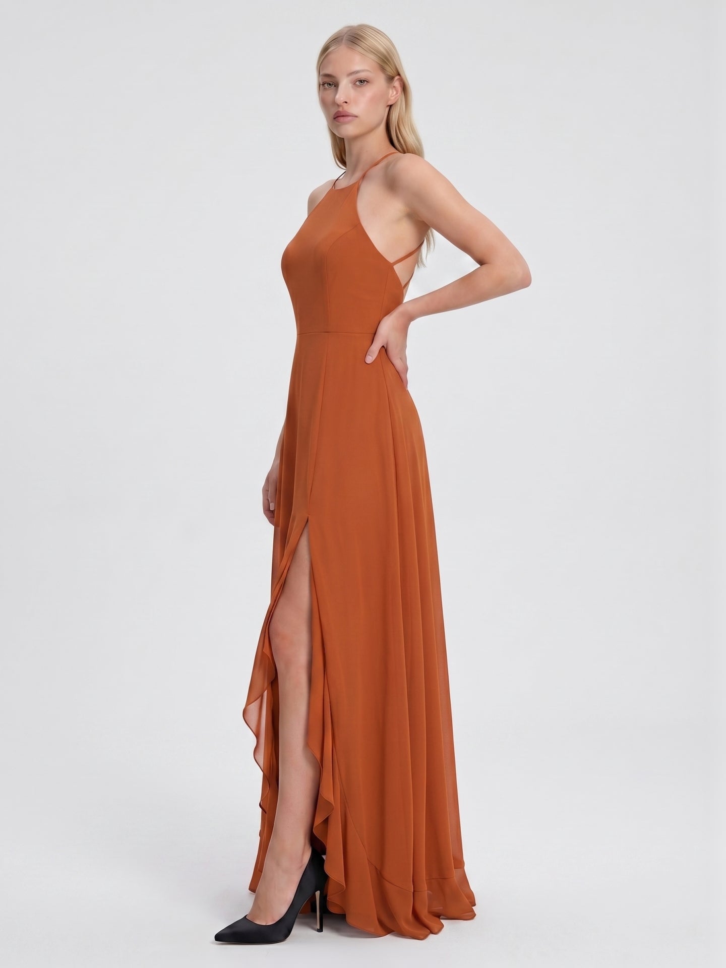 Cinnamon Chiffon A-Line Halter Criss-Cross Straps Asymmetrical Bridesmaid Dress with Ruffles
