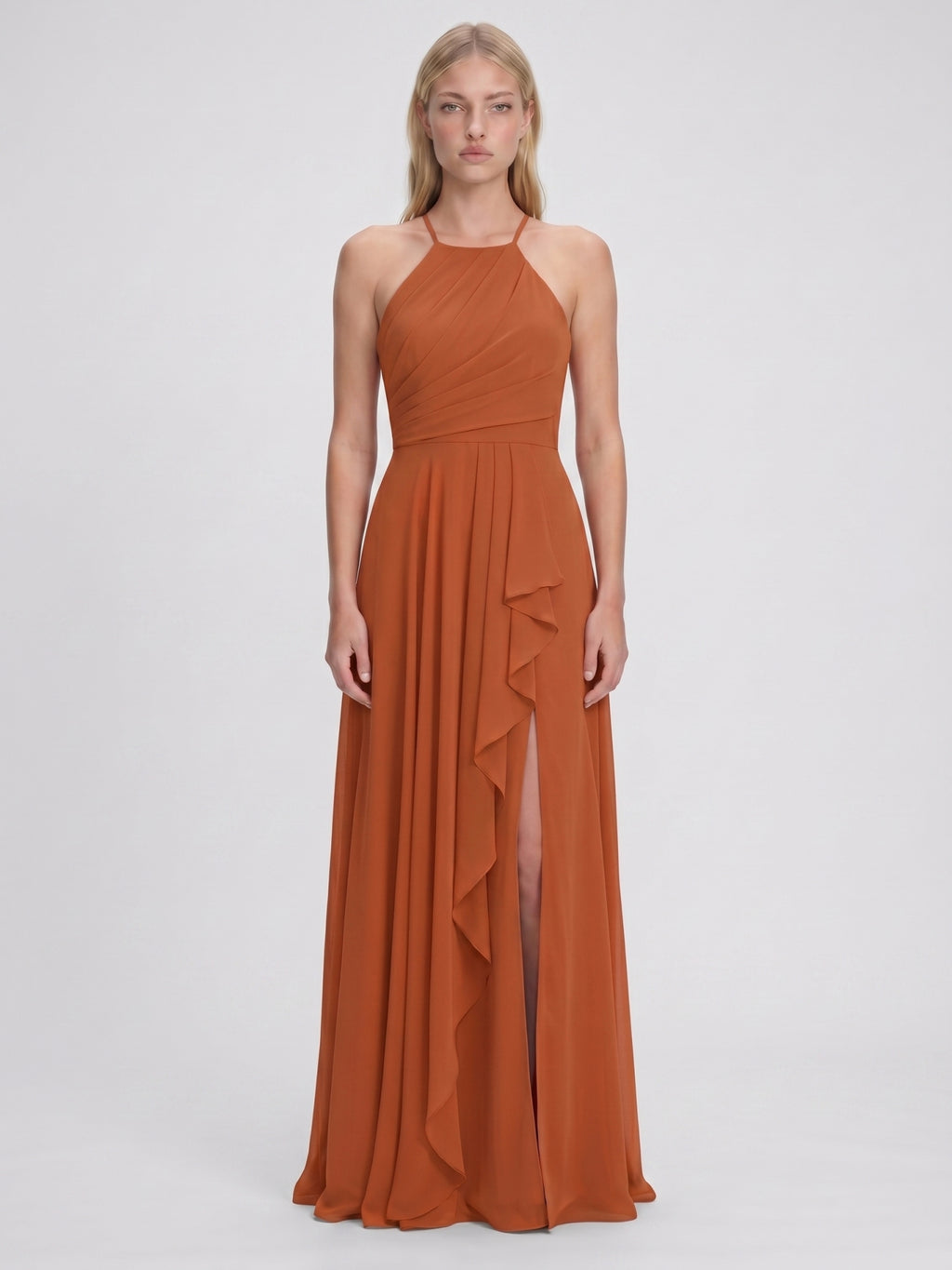 Cinnamon Chiffon A-Line Halter Criss-Cross Straps Asymmetrical Bridesmaid Dress with Ruffles