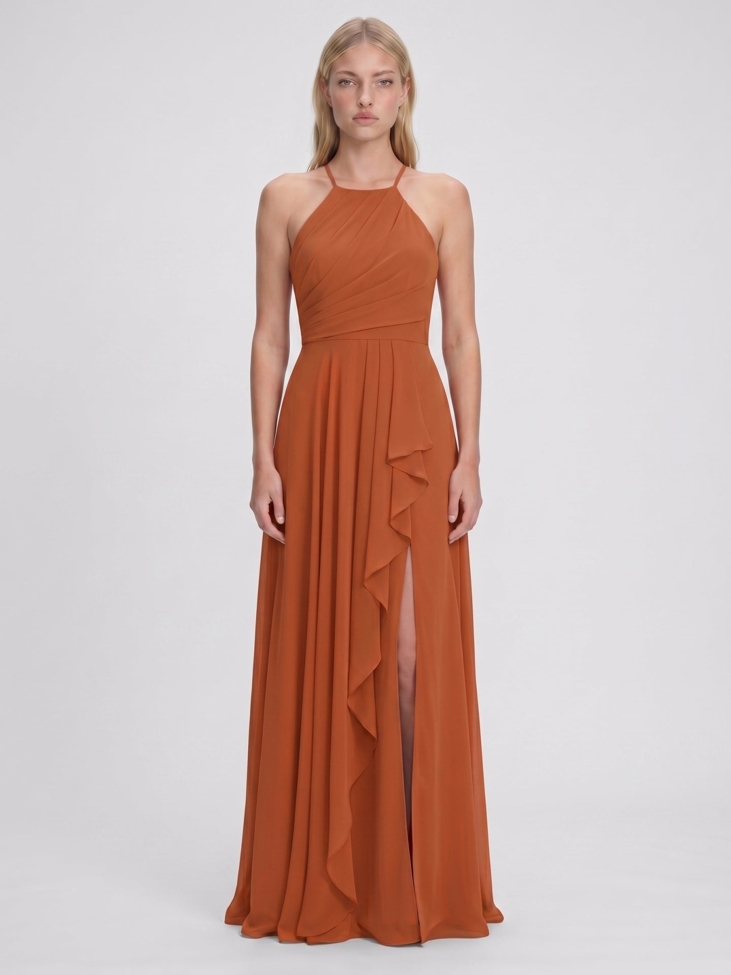 Cinnamon Chiffon A-Line Halter Criss-Cross Straps Asymmetrical Bridesmaid Dress with Ruffles