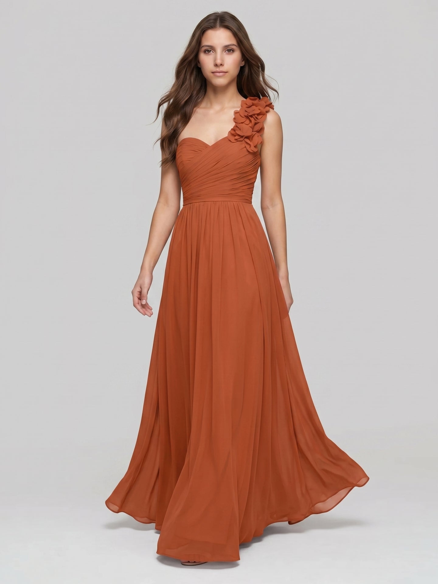 Cinnamon Chiffon A-Line One Shoulder Back Zip Floor-Length Bridesmaid Dress with 3D Flowers