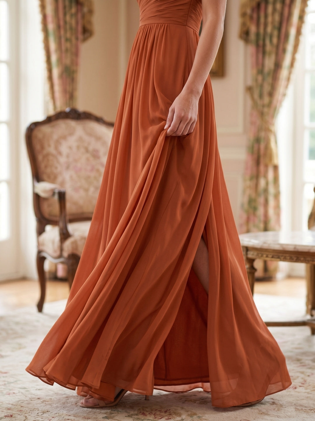 Cinnamon Chiffon A-Line One Shoulder Back Zip Floor-Length Bridesmaid Dress with 3D Flowers