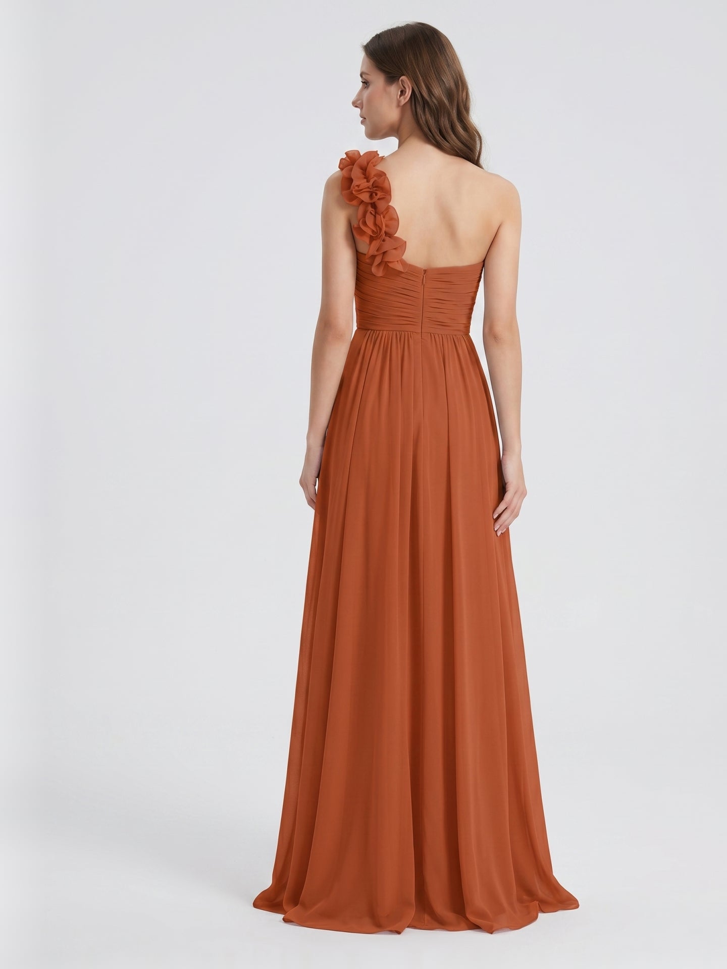 Cinnamon Chiffon A-Line One Shoulder Back Zip Floor-Length Bridesmaid Dress with 3D Flowers