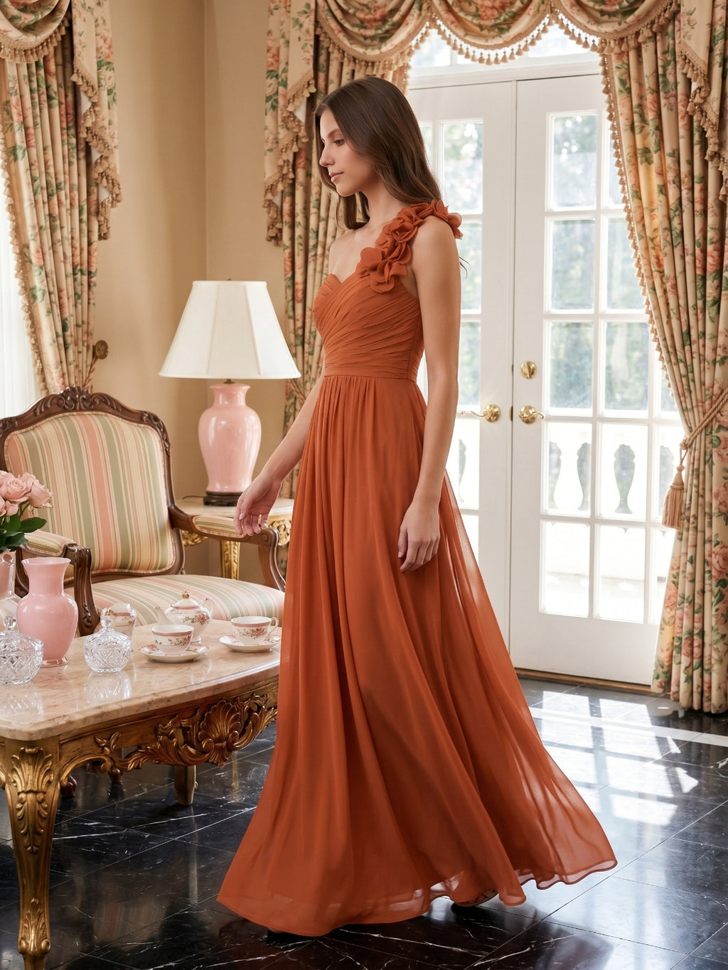 Cinnamon Chiffon A-Line One Shoulder Back Zip Floor-Length Bridesmaid Dress with 3D Flowers