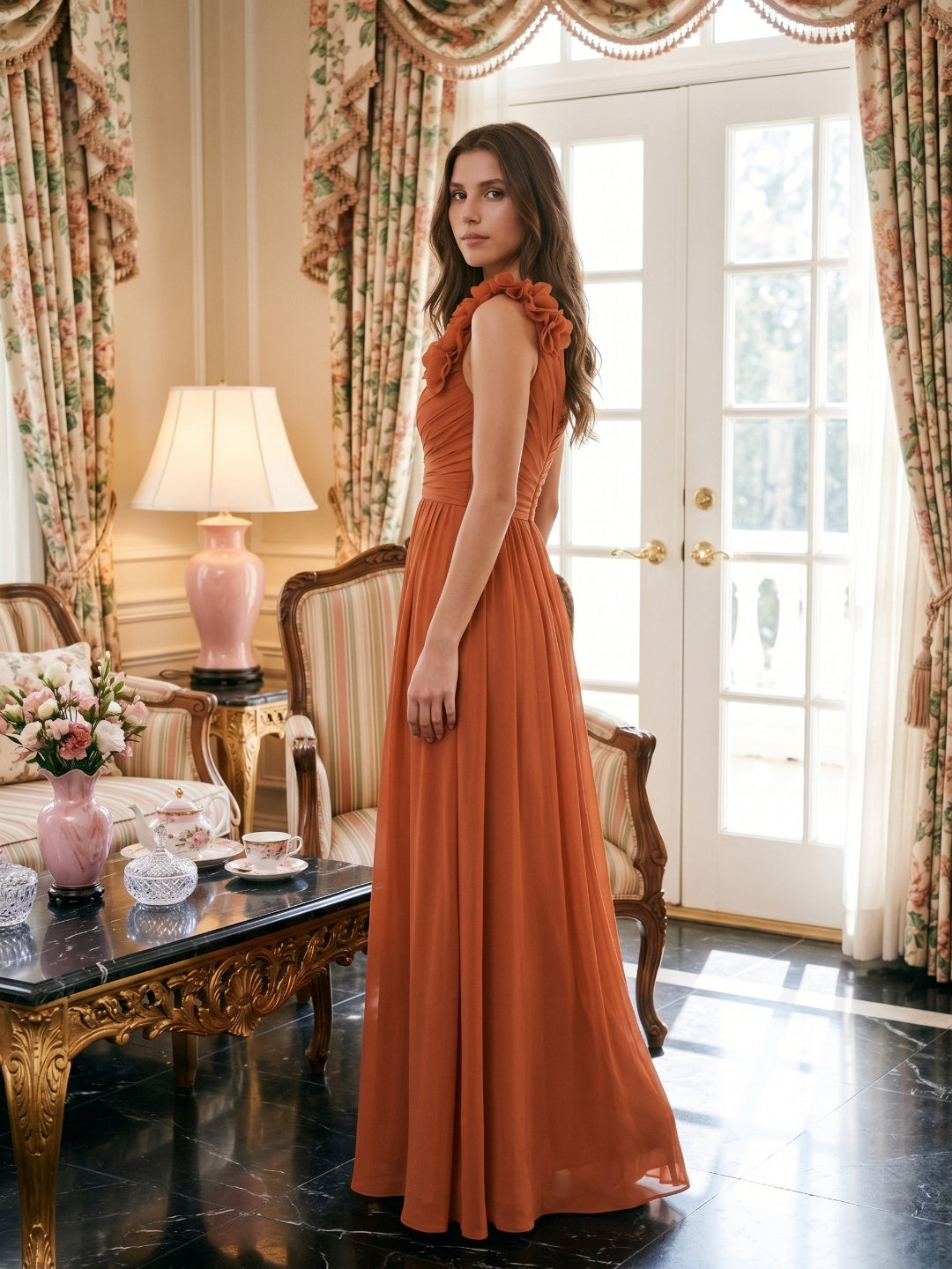 Cinnamon Chiffon A-Line One Shoulder Back Zip Floor-Length Bridesmaid Dress with 3D Flowers