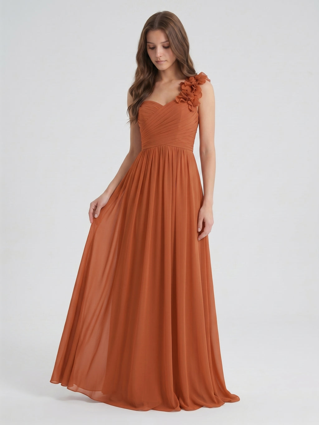 Cinnamon Chiffon A-Line One Shoulder Back Zip Floor-Length Bridesmaid Dress with 3D Flowers