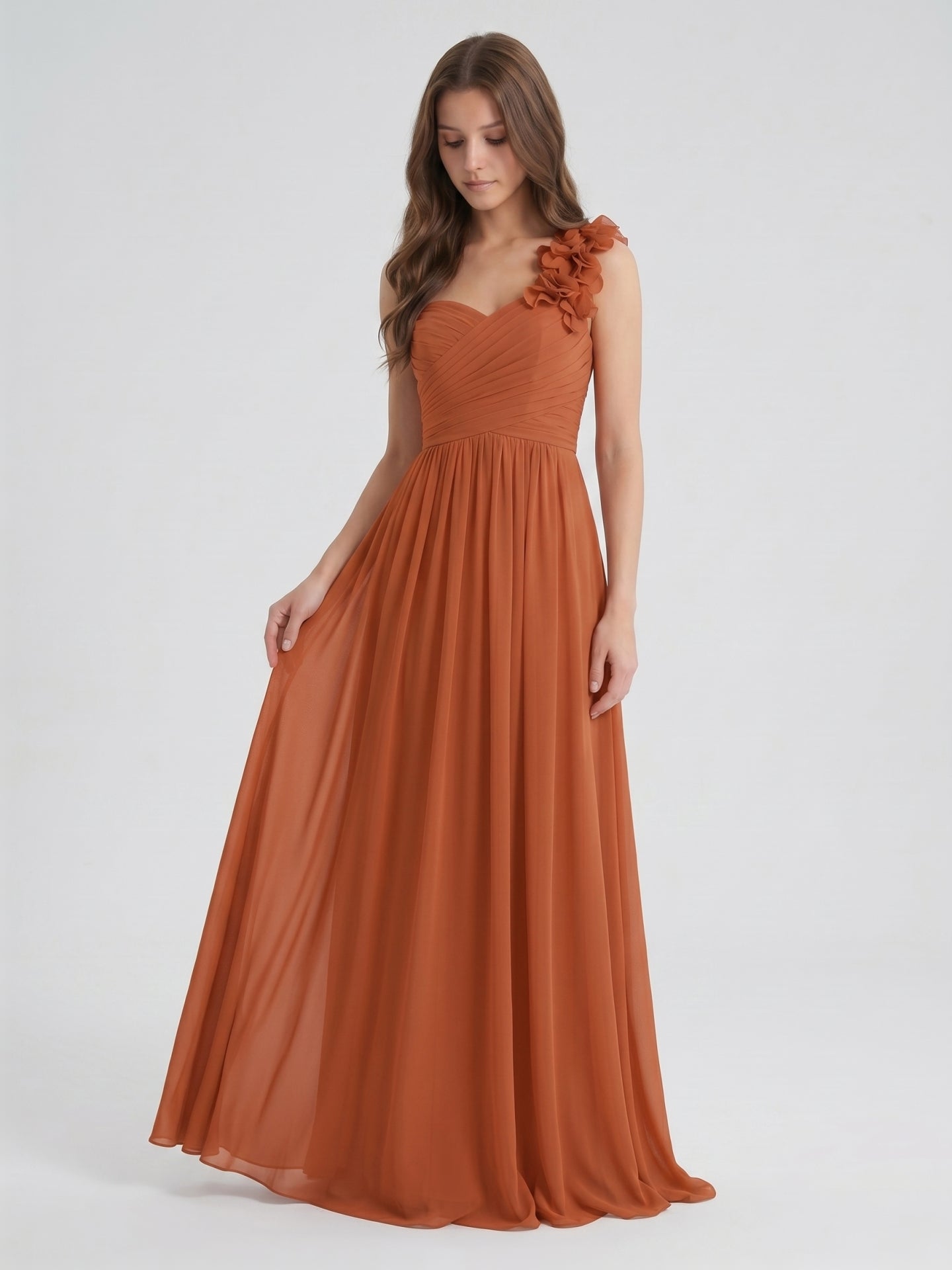 Cinnamon Chiffon A-Line One Shoulder Back Zip Floor-Length Bridesmaid Dress with 3D Flowers