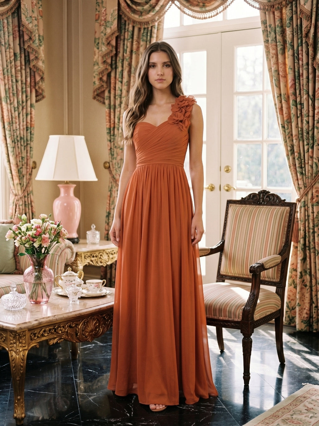 Cinnamon Chiffon A-Line One Shoulder Back Zip Floor-Length Bridesmaid Dress with 3D Flowers