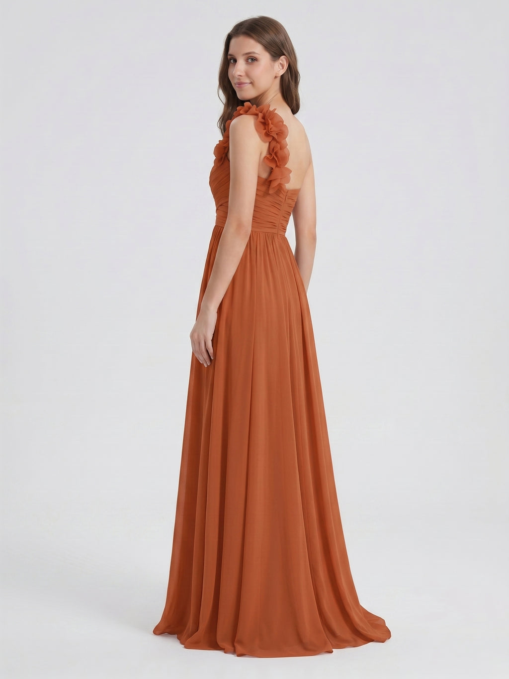 Cinnamon Chiffon A-Line One Shoulder Back Zip Floor-Length Bridesmaid Dress with 3D Flowers