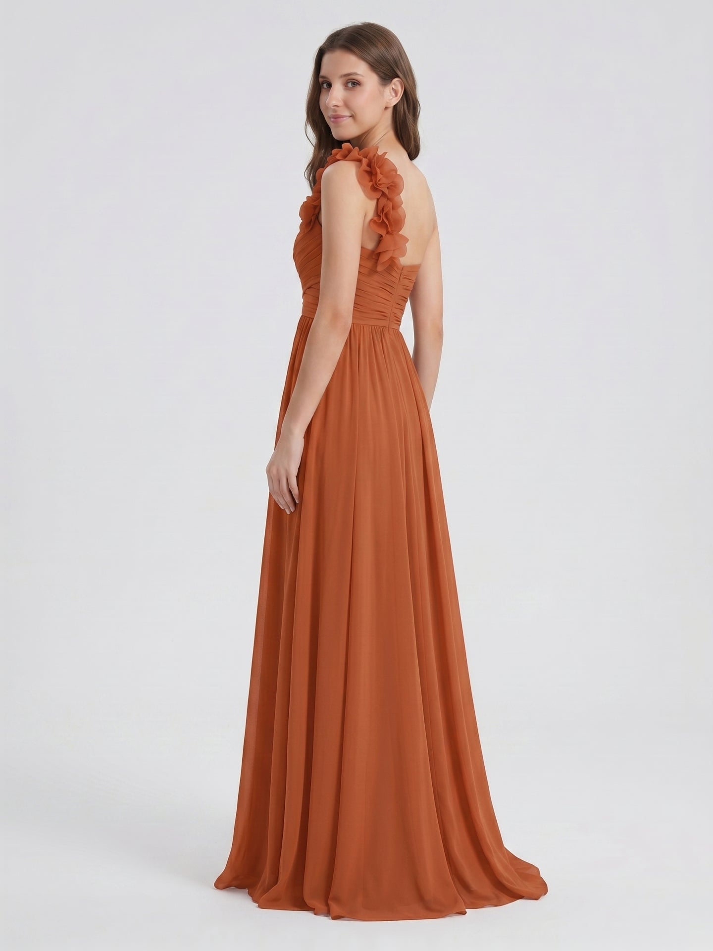 Cinnamon Chiffon A-Line One Shoulder Back Zip Floor-Length Bridesmaid Dress with 3D Flowers