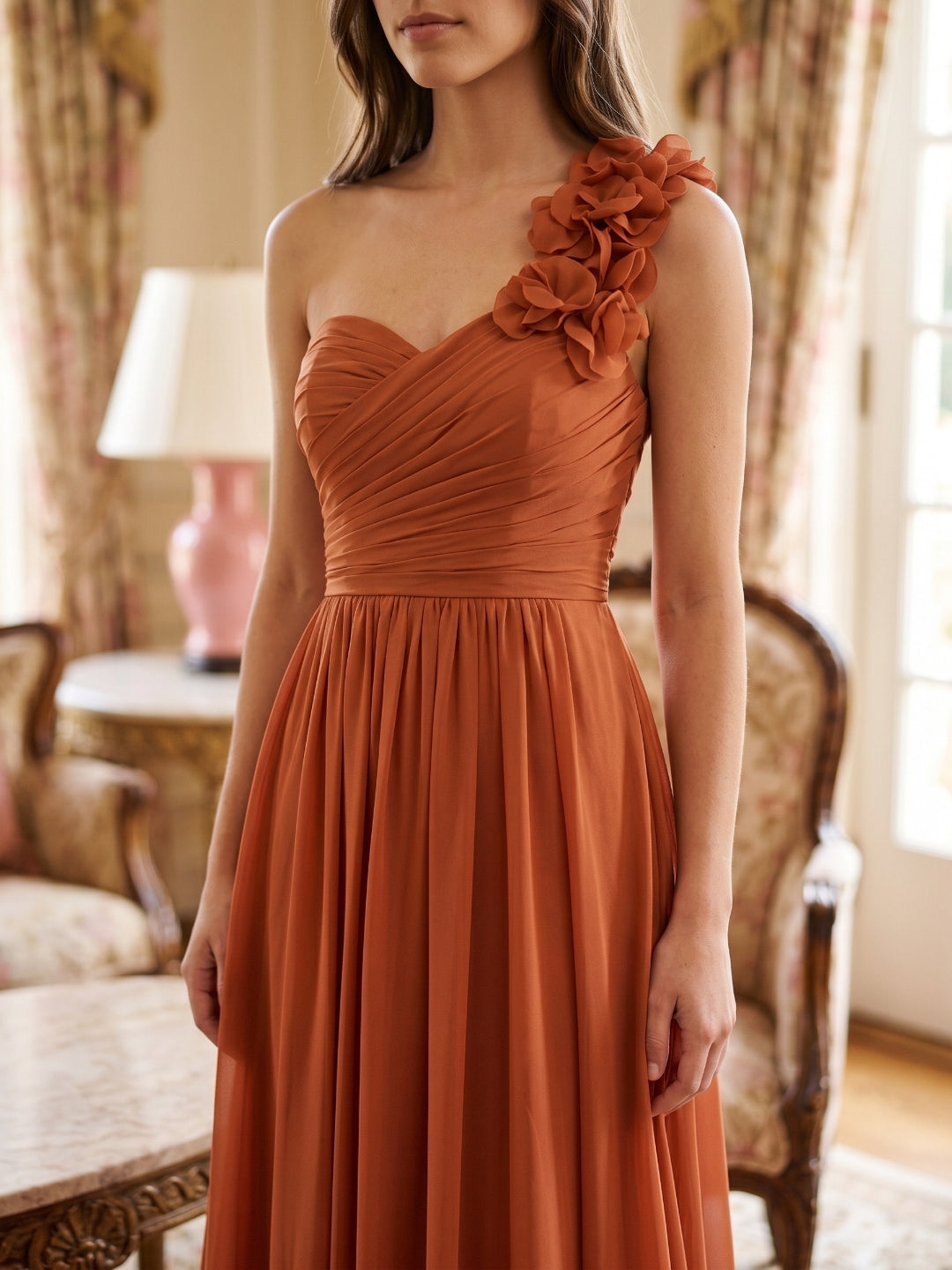 Cinnamon Chiffon A-Line One Shoulder Back Zip Floor-Length Bridesmaid Dress with 3D Flowers