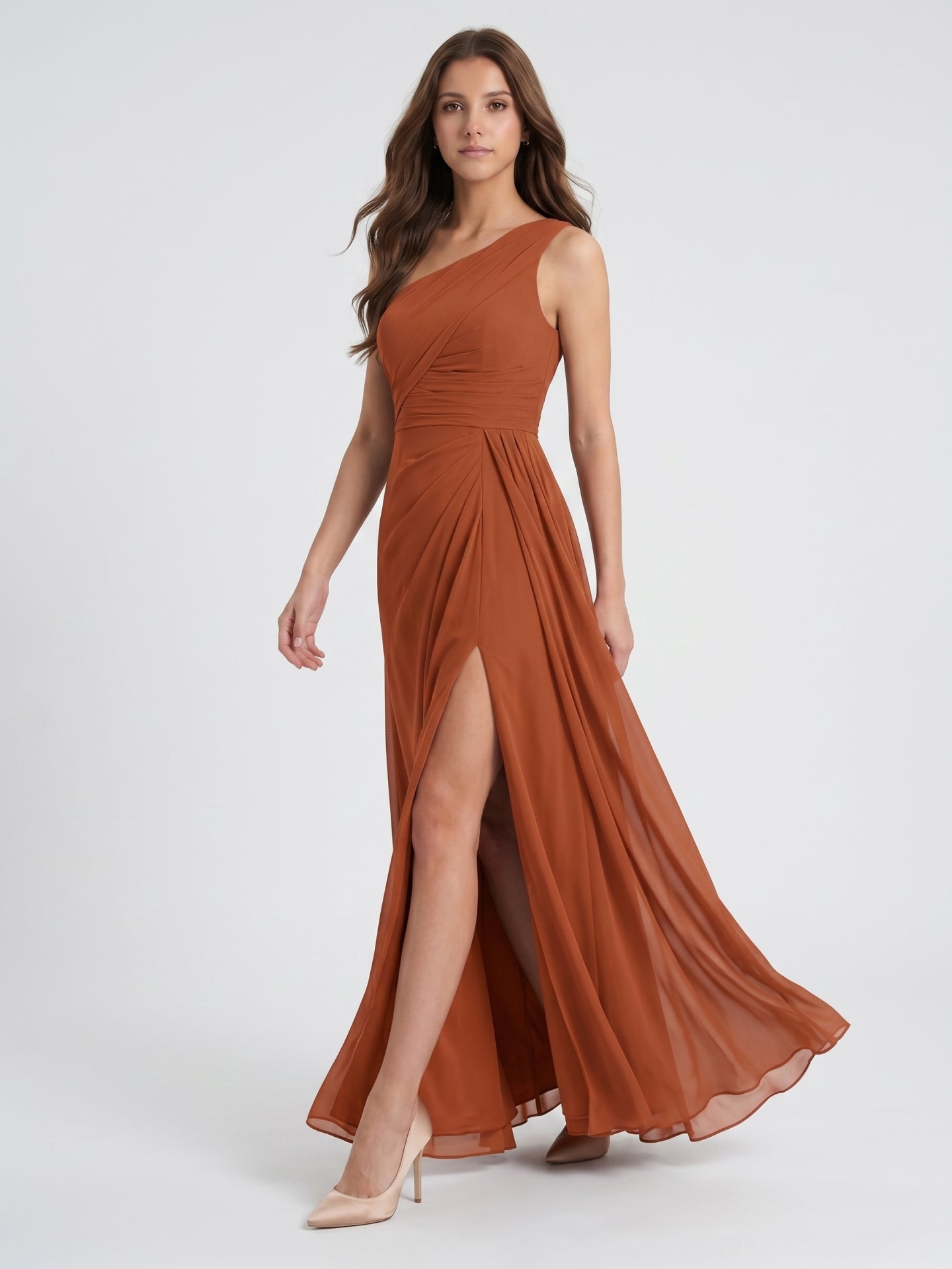 Cinnamon Chiffon A-Line One Shoulder Back Zip Floor-Length Bridesmaid Dress with Ruffles