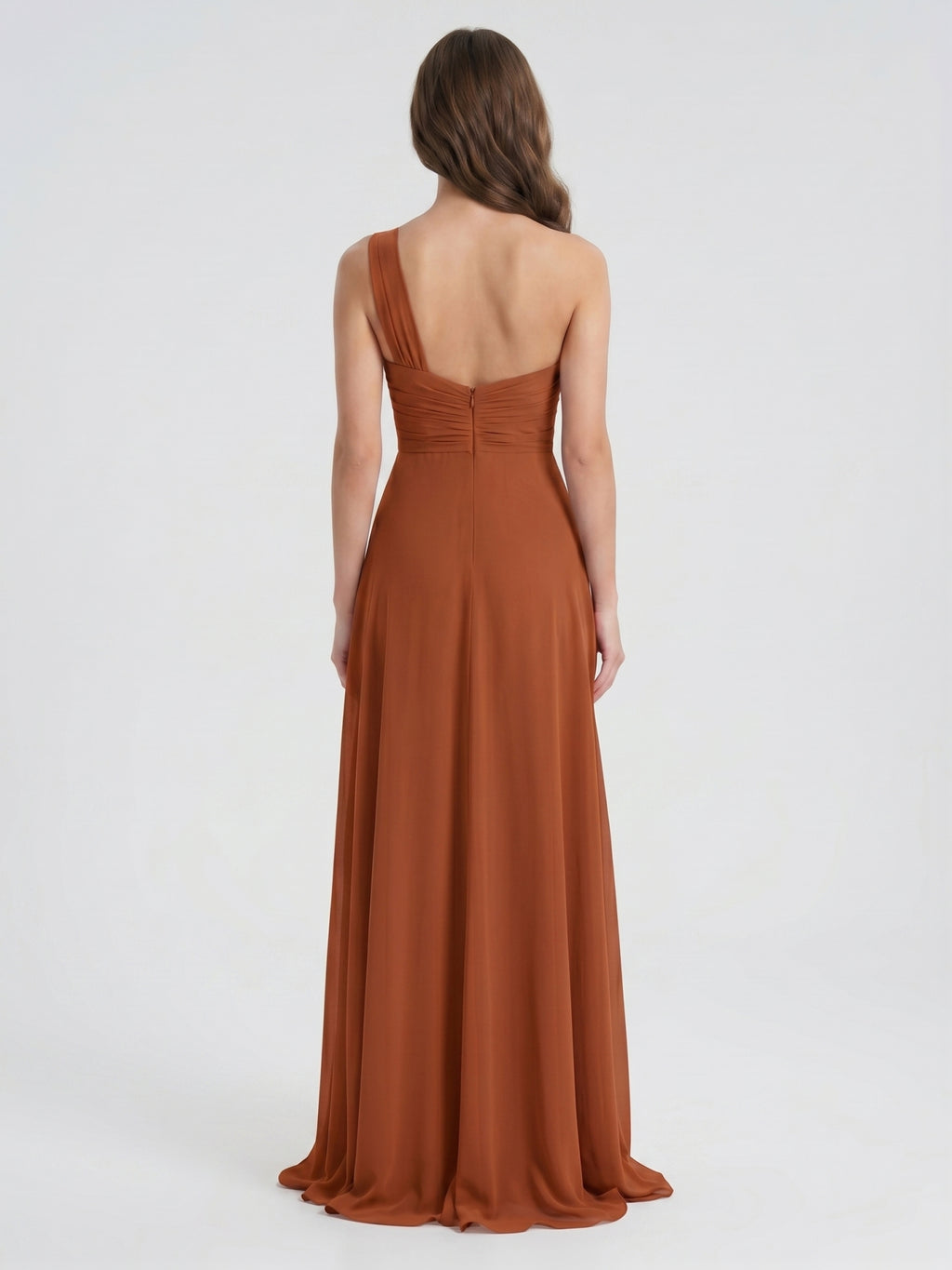 Cinnamon Chiffon A-Line One Shoulder Back Zip Floor-Length Bridesmaid Dress with Ruffles