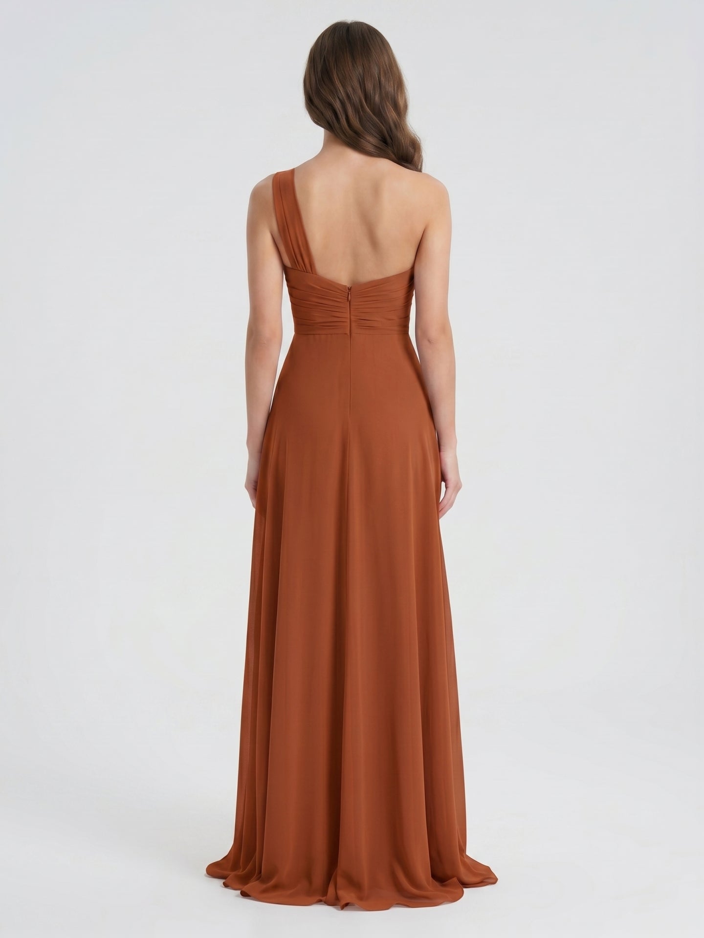Cinnamon Chiffon A-Line One Shoulder Back Zip Floor-Length Bridesmaid Dress with Ruffles