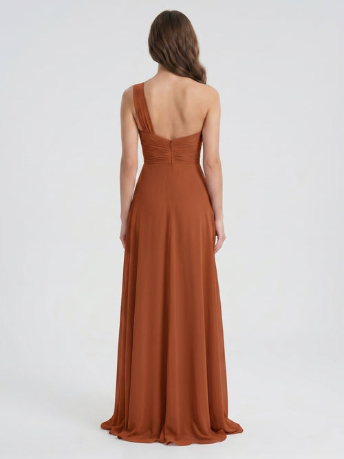 Cinnamon Chiffon A-Line One Shoulder Back Zip Floor-Length Bridesmaid Dress with Ruffles