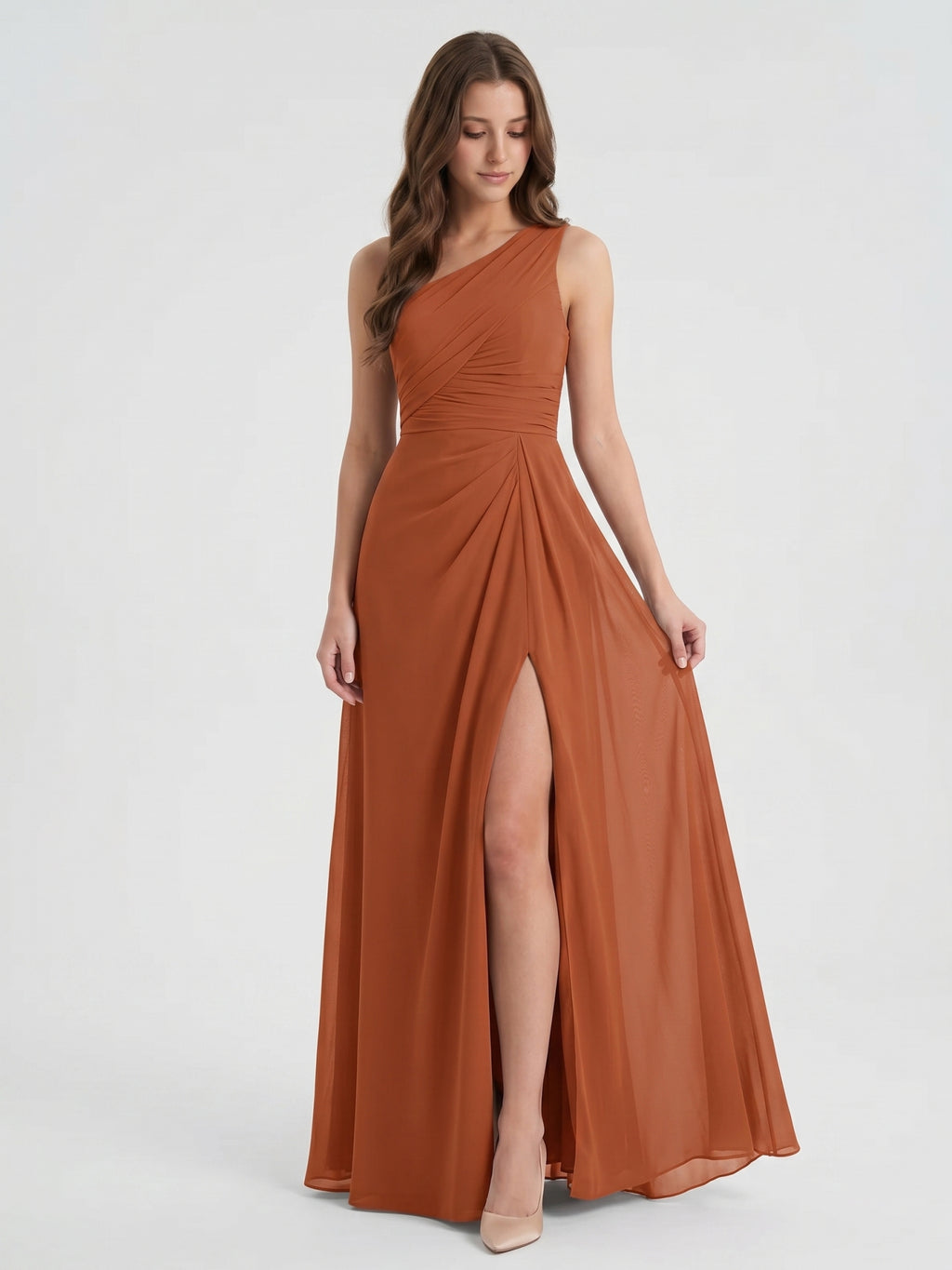 Cinnamon Chiffon A-Line One Shoulder Back Zip Floor-Length Bridesmaid Dress with Ruffles