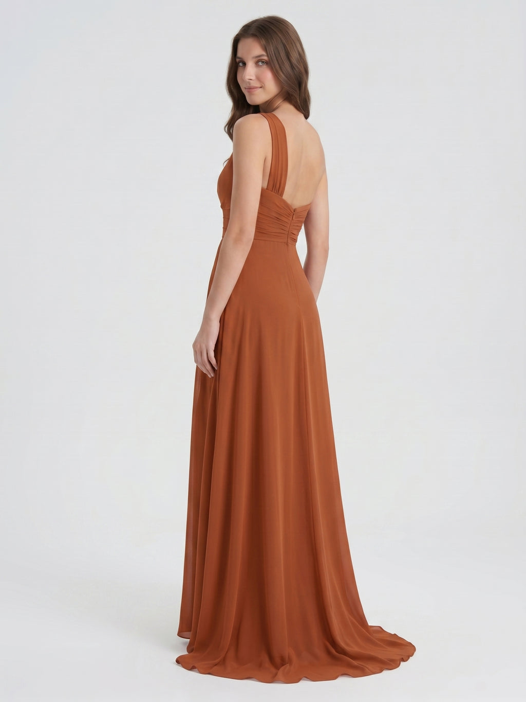 Cinnamon Chiffon A-Line One Shoulder Back Zip Floor-Length Bridesmaid Dress with Ruffles