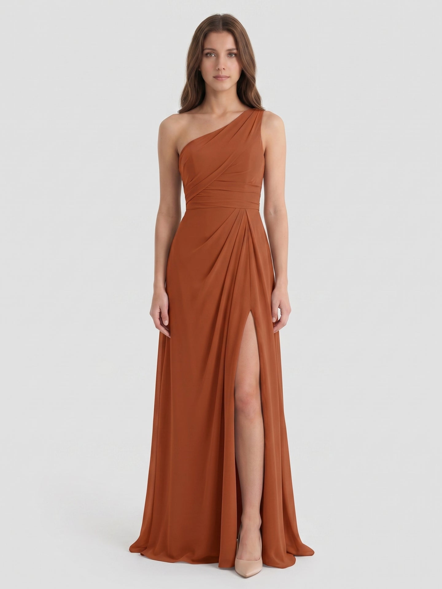 Cinnamon Chiffon A-Line One Shoulder Back Zip Floor-Length Bridesmaid Dress with Ruffles