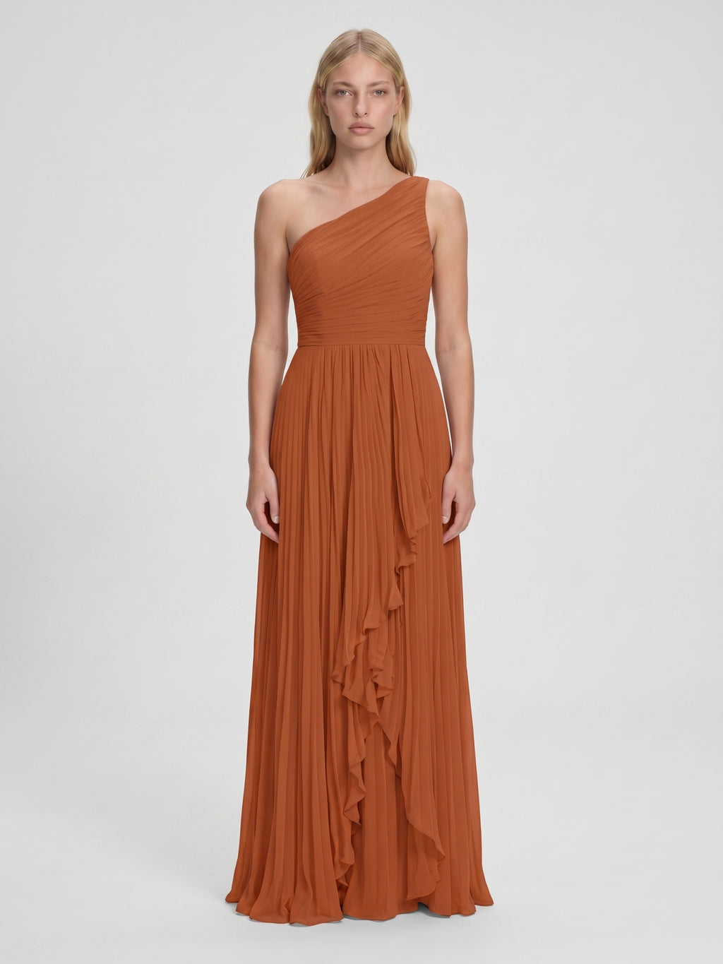 Cinnamon Chiffon A-Line One Shoulder Side Zip Asymmetrical Bridesmaid Dress with Pleats