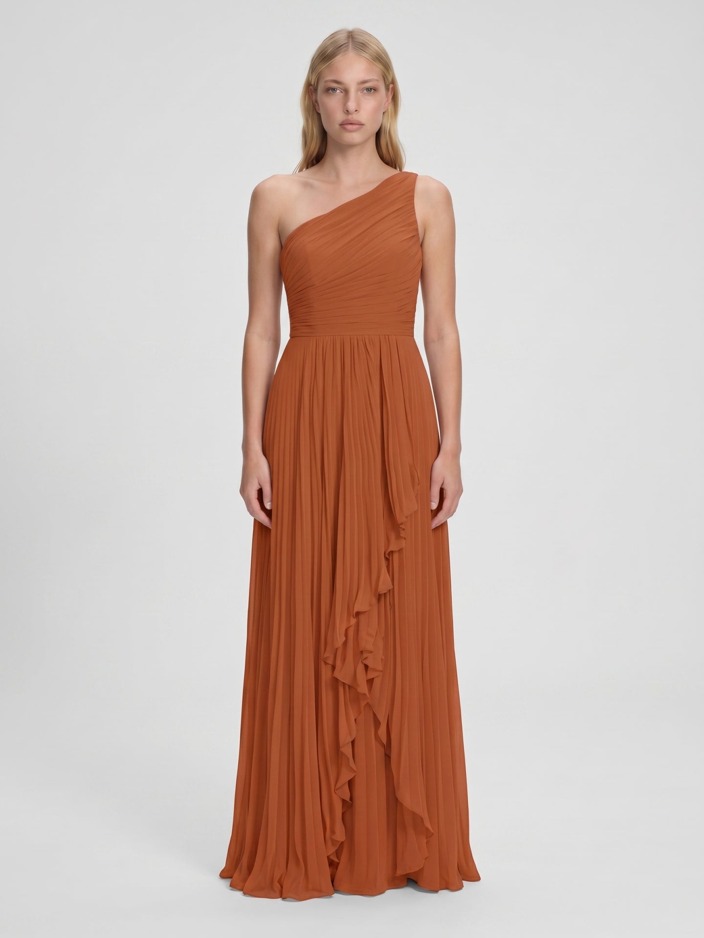 Cinnamon Chiffon A-Line One Shoulder Side Zip Asymmetrical Bridesmaid Dress with Pleats