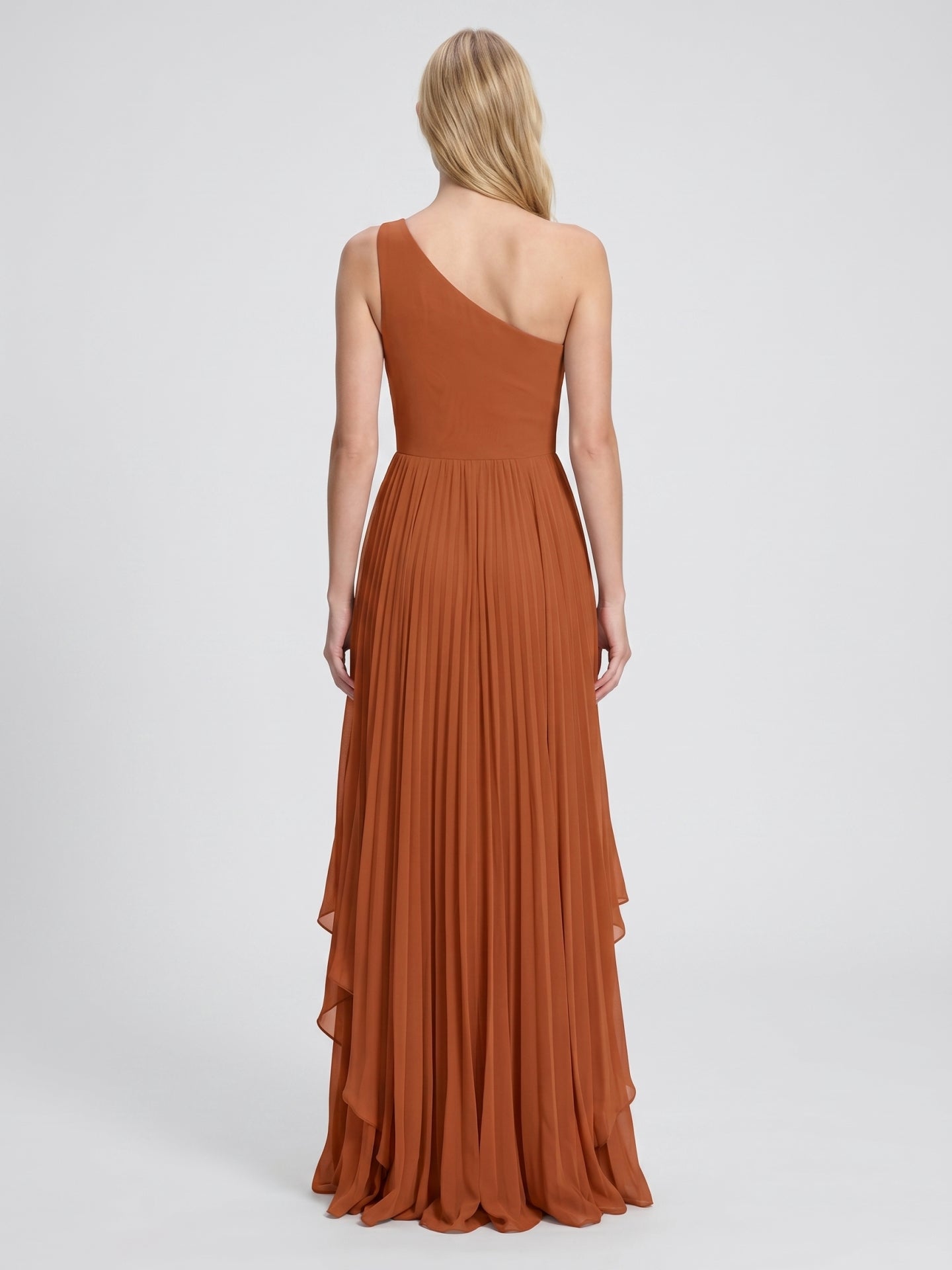 Cinnamon Chiffon A-Line One Shoulder Side Zip Asymmetrical Bridesmaid Dress with Pleats