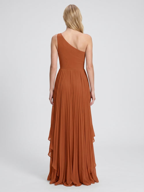 Cinnamon Chiffon A-Line One Shoulder Side Zip Asymmetrical Bridesmaid Dress with Pleats